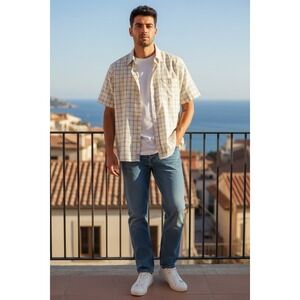 Izod Men's Linen/Cotton Short Sleeve Shirt, Large, Button-Up, Yellow and White